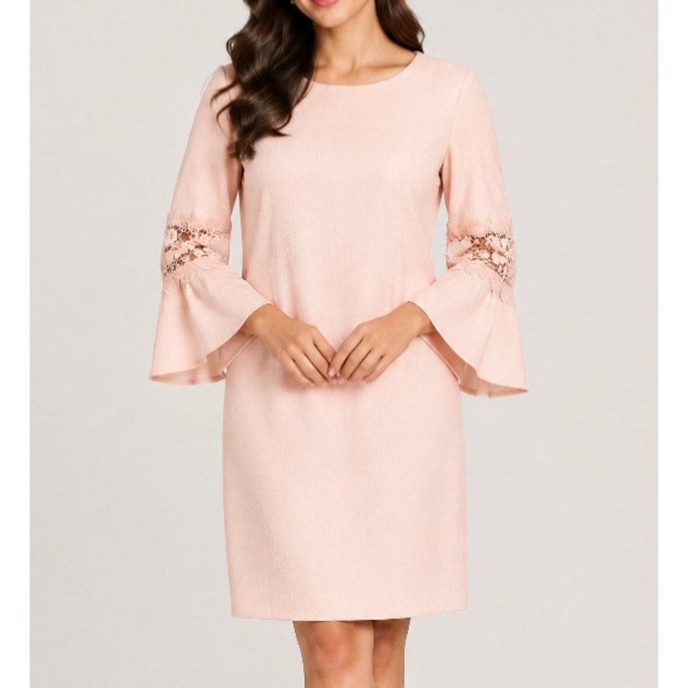 NWT TOMMY HILFIGER Pink STRETCH POLY CREPE Lace Bell Sleeves SHEATH DRESS Sz 2